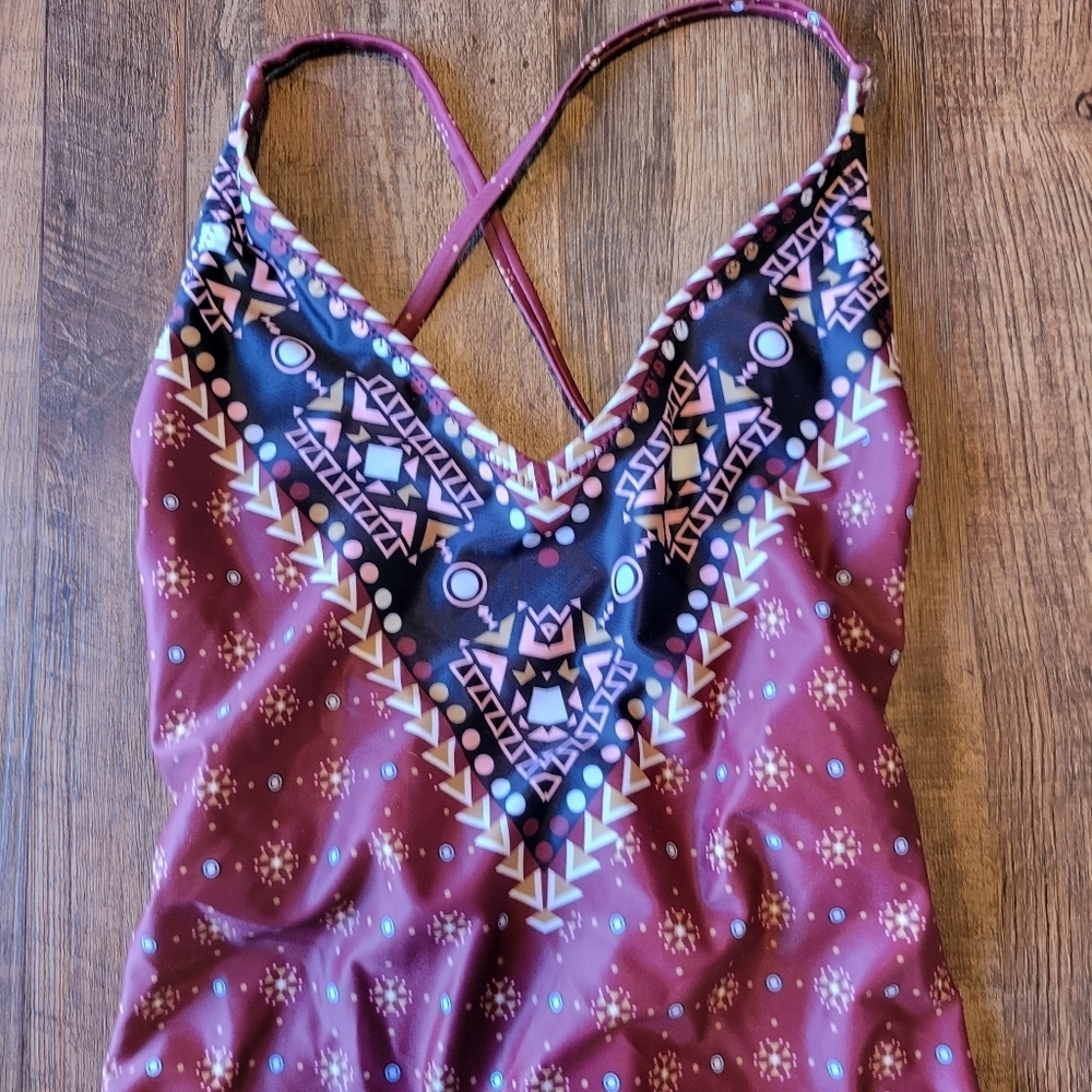 Cupshe Never Separate Burgundy Tribal Print Lace Up Back One-Piece Swimsuit - Picture 2 of 11